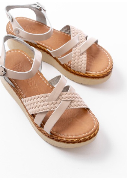 Bayan Sandalet 730-138 Bej Örgü Hakiki Deri Ortopedik Taban Kadın Sandalet fırsatları