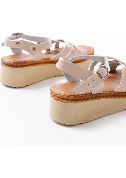 Bayan Sandalet 730-138 Bej Örgü Hakiki Deri Ortopedik Taban Kadın Sandalet indirimleri