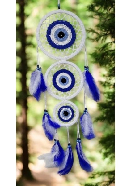 Nazar Motifli Üç Çemberli Kuş Tüylü Beyaz Duvar Süsü modelleri