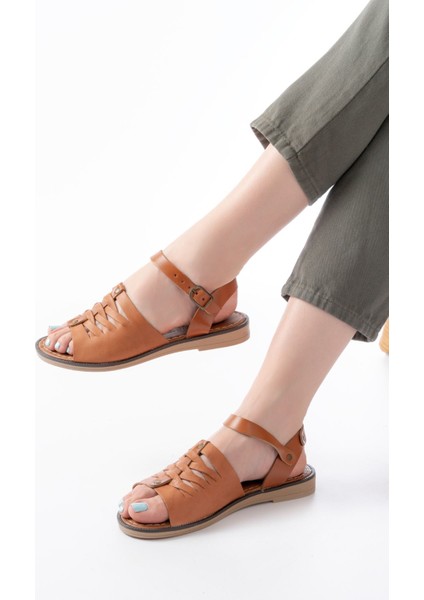 Bayan Sandalet 205-029 Taba Ortopedik Hakiki Deri Kadın Sandalet
