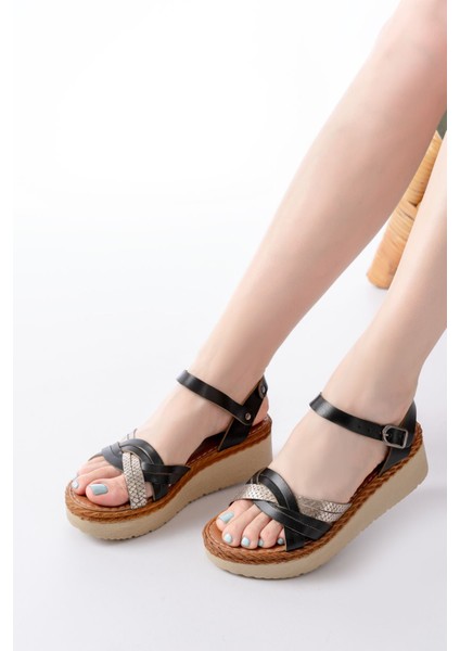 Bayan Sandalet 730-037 Siyah Ayna Hakiki Deri Ortopedik Taban Kadın Sandalet