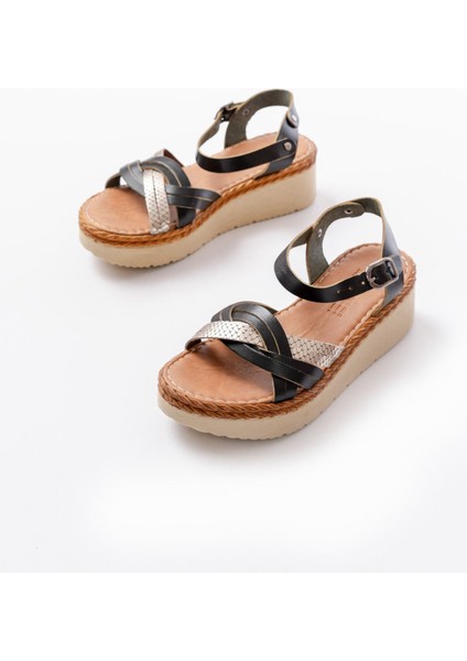 Bayan Sandalet 730-037 Siyah Ayna Hakiki Deri Ortopedik Taban Kadın Sandalet modelleri