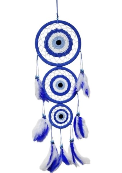 Nazar Motifli Üç Çemberli Kuş Tüylü Mavi Duvar Süsü