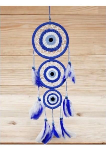 Nazar Motifli Üç Çemberli Kuş Tüylü Mavi Duvar Süsü fırsatları
