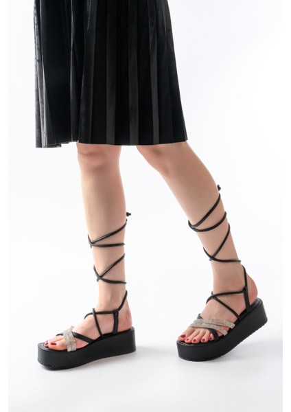 Bayan Sandalet 861-1010 Siyah Gümüş Taşlı Bilekten Bağlamalı Kadın Sandalet fırsatları