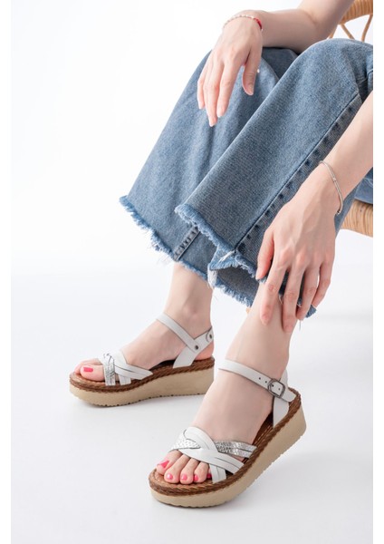 Bayan Sandalet 730-037 Beyaz Ayna Hakiki Deri Ortopedik Taban Kadın Sandalet