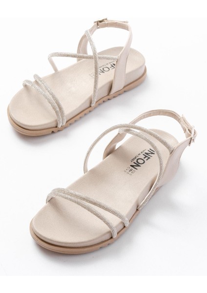 Bayan Sandalet 1001-1105 Bej Gümüş Taşlı Günlük Kadın Sandalet modelleri