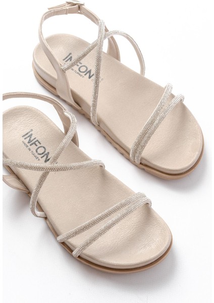 Bayan Sandalet 1001-1105 Bej Gümüş Taşlı Günlük Kadın Sandalet fırsatları