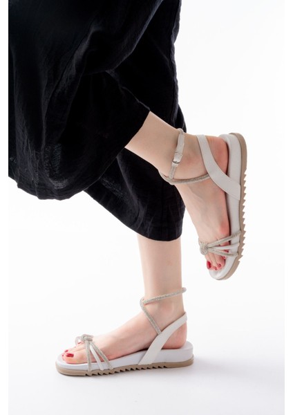 Bayan Sandalet 1001-1120 Beyaz Gümüş Taşlı Günlük Kadın Sandalet