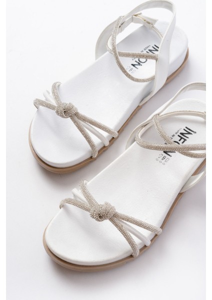 Bayan Sandalet 1001-1120 Beyaz Gümüş Taşlı Günlük Kadın Sandalet modelleri