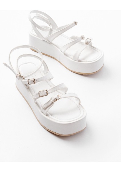 Bayan Sandalet 861-1222 Beyaz Tokalı Bilekten Bağlamalı Dolgu Kadın Sandalet modelleri