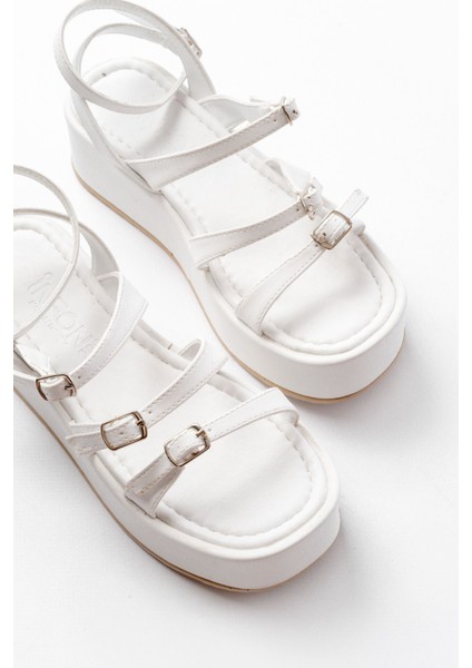 Bayan Sandalet 861-1222 Beyaz Tokalı Bilekten Bağlamalı Dolgu Kadın Sandalet fırsatları