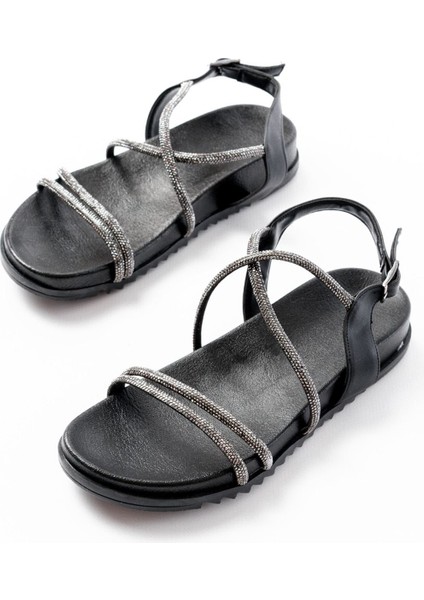 Bayan Sandalet 1001-1105 Siyah Platin Taşlı Günlük Kadın Sandalet modelleri