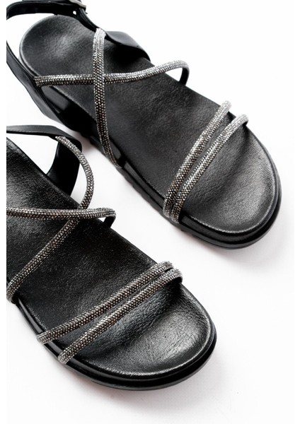 Bayan Sandalet 1001-1105 Siyah Platin Taşlı Günlük Kadın Sandalet fırsatları