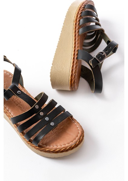 Bayan Sandalet 730-142 Siyah Hakiki Deri Ortopedik Taban Kadın Sandalet modelleri