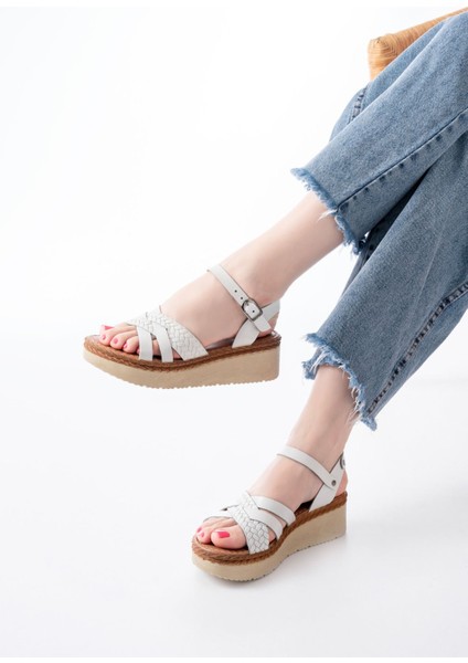 Bayan Sandalet 730-138 Beyaz Örgü Hakiki Deri Ortopedik Taban Kadın Sandalet