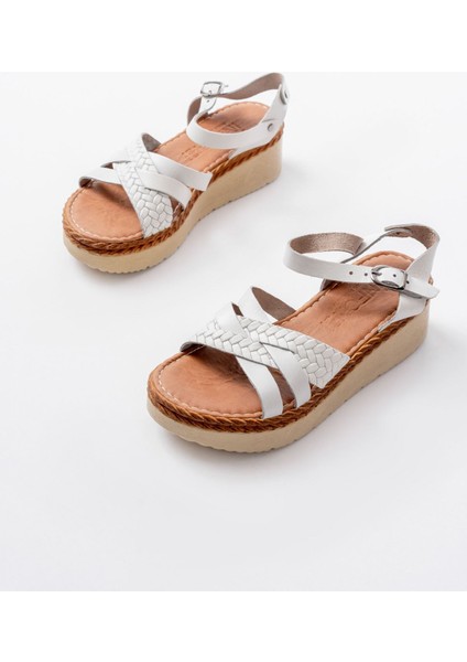 Bayan Sandalet 730-138 Beyaz Örgü Hakiki Deri Ortopedik Taban Kadın Sandalet fırsatları