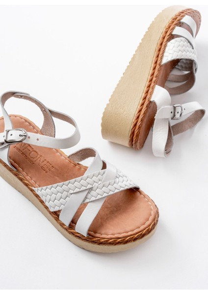 Bayan Sandalet 730-138 Beyaz Örgü Hakiki Deri Ortopedik Taban Kadın Sandalet indirimleri