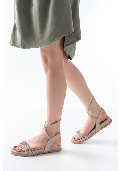 Bayan Sandalet 1001-1120 Bej Gümüş Taşlı Günlük Kadın Sandalet