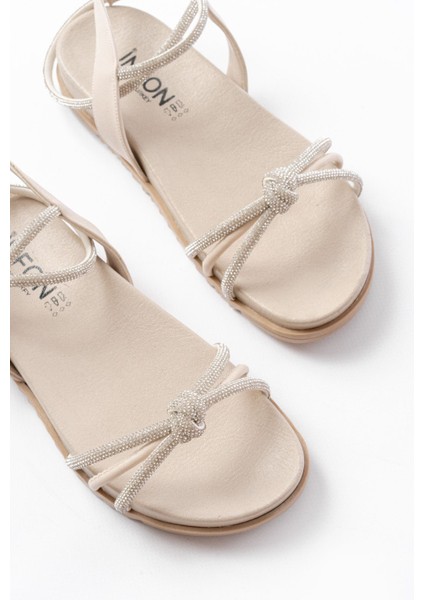Bayan Sandalet 1001-1120 Bej Gümüş Taşlı Günlük Kadın Sandalet fırsatları