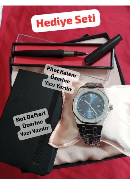 Özel Kutulu Hediyelik Erkek Kombin Saat Seti Pilot Kalem Not Defteri Hediye Seti - 6051