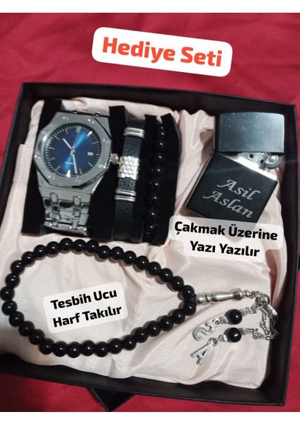 Hediyelik Özel Kutulu Erkek Kombin Saat Seti Çakmak Tesbih Bileklikler Hediye Seti - 6051