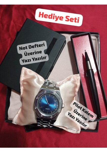 Hediyelik Erkek Kombin Saat Seti Özel Kutulu Pilot Kalem Not Defteri - 6051