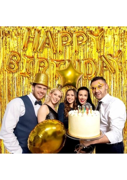 Ekstra Metalize Parlak Saçaklı Arka Fon Perde Gold indirimleri