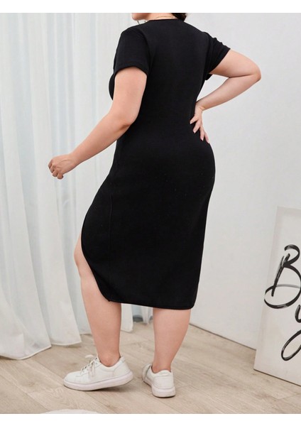 Runiquehome Kadın Büyük Beden Kısa Kollu Yanı Yırtmaçlı Bisiklet Yaka Viskon Elbise fırsatları