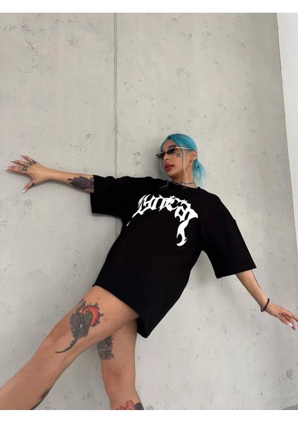 Runiquehome Unisex Bisiklet Yaka Baskılı Oversize T-Shirt - Siyah modelleri