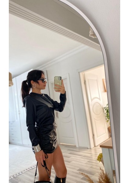 Runiquehome Kadın Uzun Kollu Bisiklet Yaka Yandan Büzgülü Kısa Deri Elbise