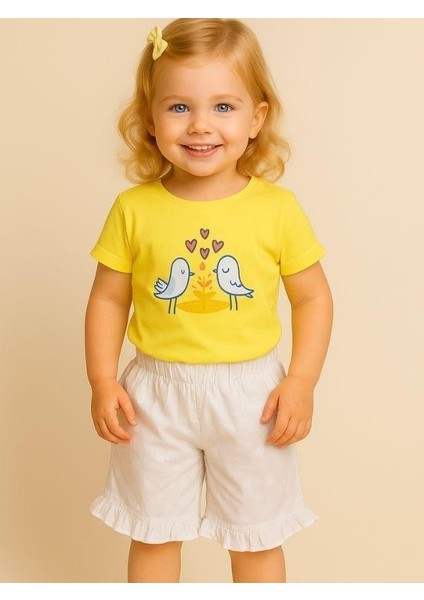 Kız Bebek Kuş Desenli Pamuklu Şortlu Takım
