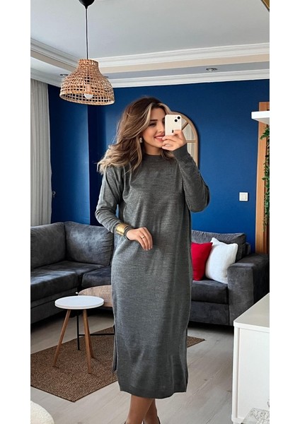 Runiquehome Kadın Uzun Kollu Bisiklet Yaka Yırtmaç Detay Triko Midi Boy Elbise fırsatları
