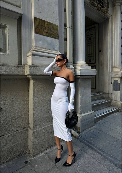 Runiquehome Kadın Dalgıç Kumaş Askısız Yırtmaç Detaylı Elbise