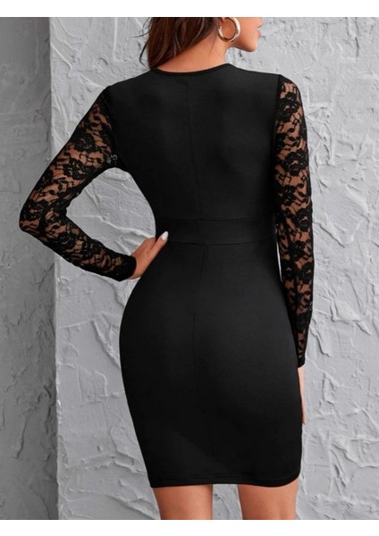 Runiquehome Kadın Uzun Kollu Bisiklet Yaka Kol Vegöğüs Tül Detay Krep Elbise