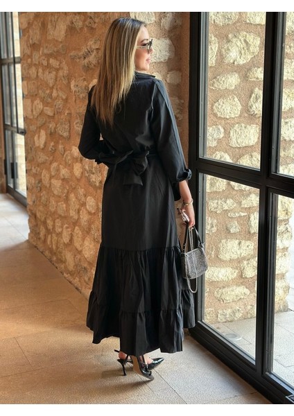 Runiquehome Kadın Uzun Kollu Eteği Fırfırlı Beli Kuşaklı Trikoton Tam Boy Gömlek Elbise