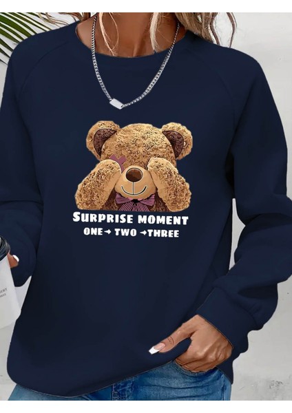 Runiquehome Kadın Uzun Kollu Bisiklet Yaka Ayıcık Desenli Viskon Iki Iplik Bluz