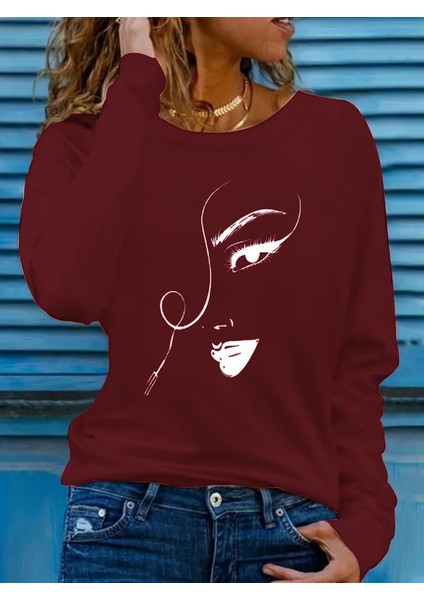Runiquehome Kadın Uzun Kollu Bisiklet Yaka Yüz Desenli Viskon Bluz indirimleri
