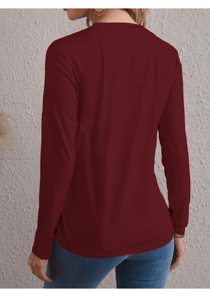 Runiquehome Kadın Uzun Kollu Bisiklet Yaka Yüz Desenli Viskon Bluz