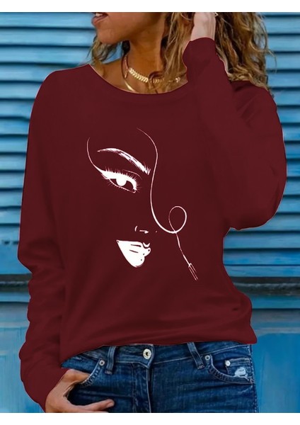 Runiquehome Kadın Uzun Kollu Bisiklet Yaka Yüz Desenli Viskon Bluz