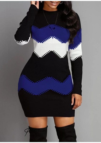 Runiquehome Kadın Uzun Kollu Zigzag Desen Triko Elbise indirimleri