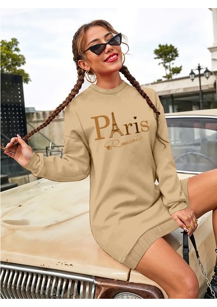 Runiquehome Kadın Uzun Kollu Bisiklet Yaka Yazılı Kısa Viskon Iki Iplik Elbise