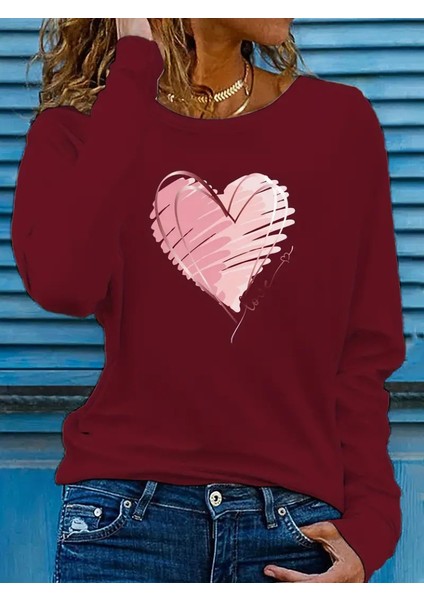 Runiquehome Kadın Uzun Kollu Bisiklet Yaka Kalp Desenli Viskon Bluz