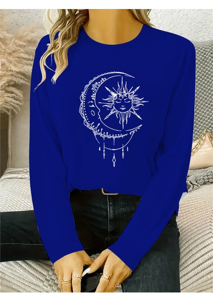 Runiquehome Kadın Uzun Kollu Bisiklet Yaka Ay Baskılı Viskon Bluz