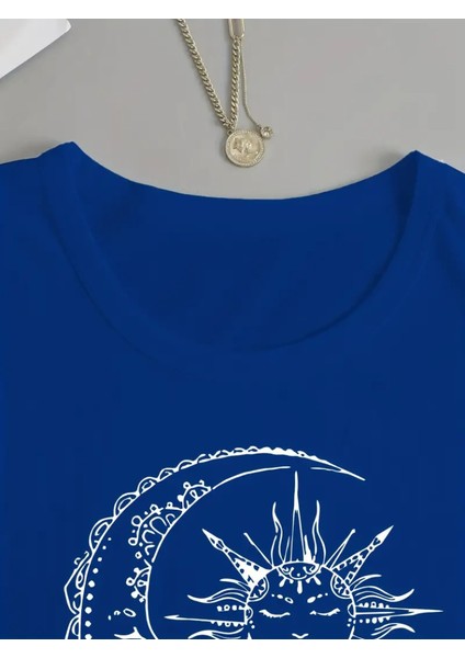 Runiquehome Kadın Uzun Kollu Bisiklet Yaka Ay Baskılı Viskon Bluz