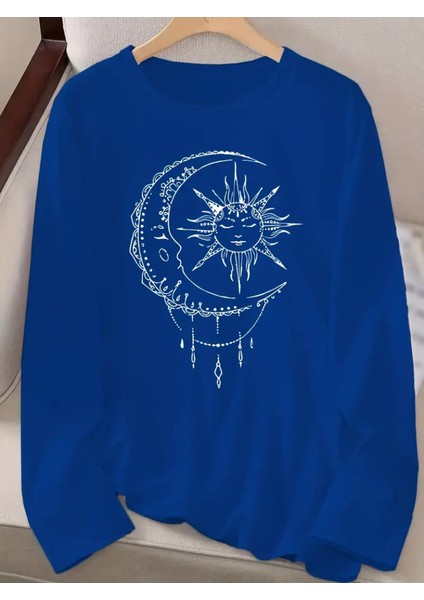 Runiquehome Kadın Uzun Kollu Bisiklet Yaka Ay Baskılı Viskon Bluz