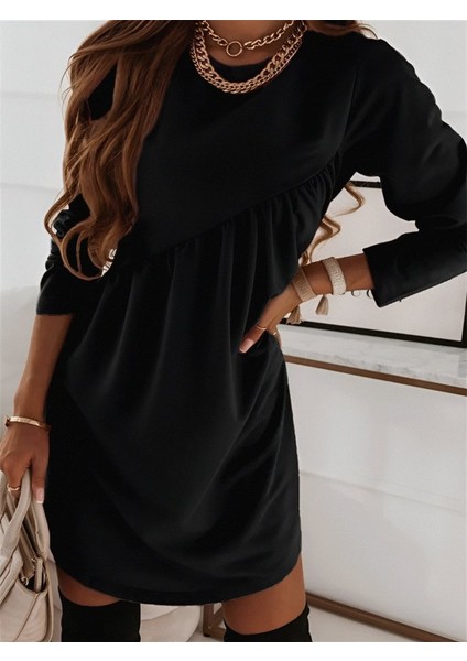 Runiquehome Kadın Uzun Kollu Bisiklet Yaka Çapraz Büzgü Detay Iki Iplik Mini Boy Elbise