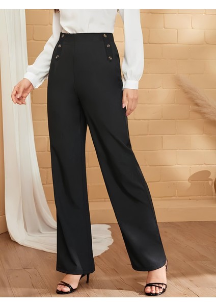Runiquehome Kadın Düğme Detay Bol Paça Ithal Krep Pantolon indirimleri