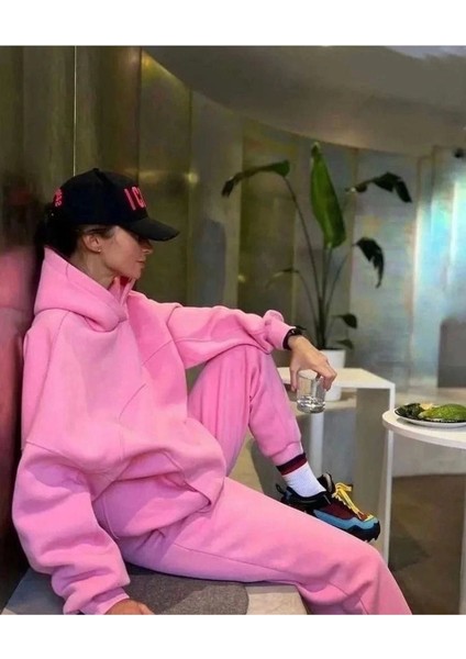 Runiquehome Nakış Işlemeli Üç Iplik Sweat Takım- Pembe
