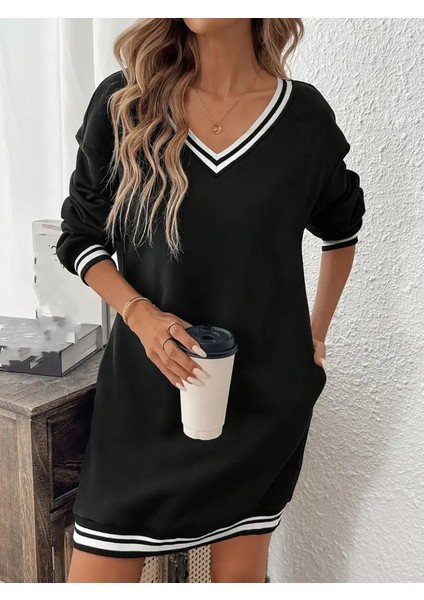 Runiquehome Kadın Uzun Kollu V Yakalı Şerit Detaylı Kısa Viskon Iki Iplik Elbise modelleri